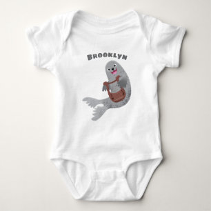Happy cute harp seal cartoon illustration baby bodysuit