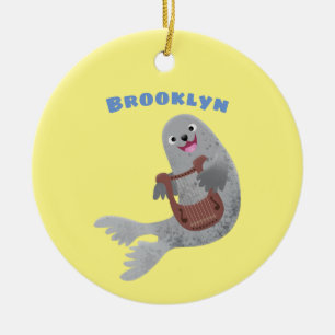 Happy cute harp seal cartoon illustration ceramic tree decoration