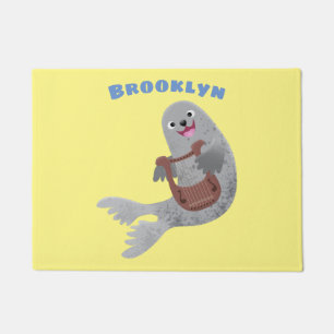 Happy cute harp seal cartoon illustration doormat