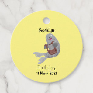Happy cute harp seal cartoon illustration favour tags