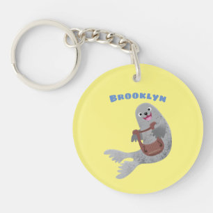 Happy cute harp seal cartoon illustration key ring