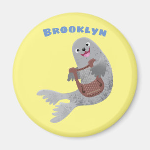 Happy cute harp seal cartoon illustration magnet