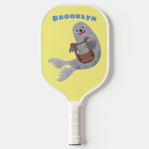 Happy cute harp seal cartoon illustration pickleball paddle