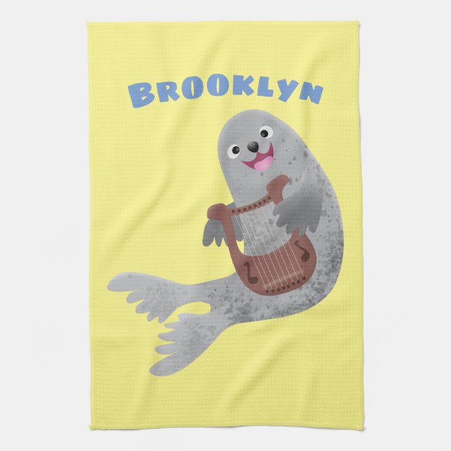 Happy cute harp seal cartoon illustration tea towel (Vertical)