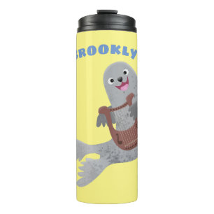 Happy cute harp seal cartoon illustration thermal tumbler