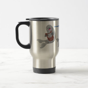 Happy cute harp seal cartoon illustration travel mug