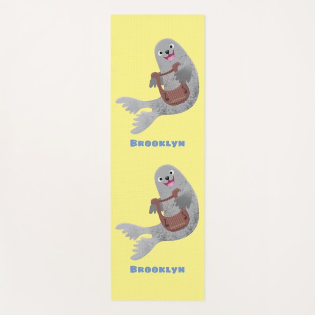Happy cute harp seal cartoon illustration yoga mat (Front)