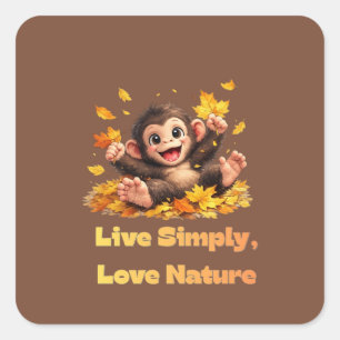 Happy Cute Monkey Playing in Falling Autumn Leaves Square Sticker