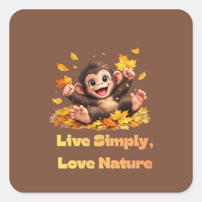 Happy Cute Monkey Playing in Falling Autumn Leaves Square Sticker (Front)