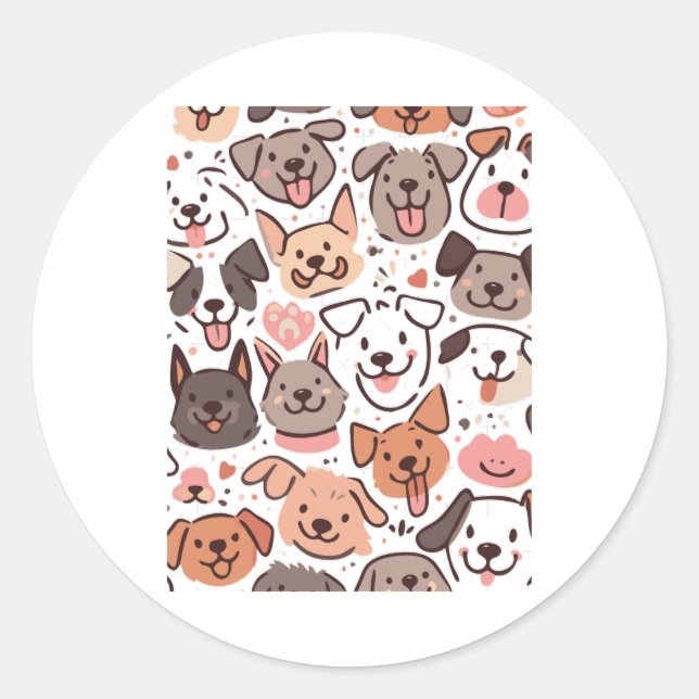 Happy Cute Puppies Pattern  1 Classic Round Sticker (Front)