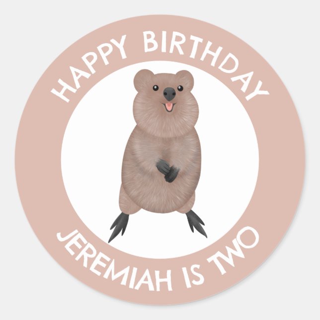 Happy cute quokka personalised cartoon birthday classic round sticker (Front)