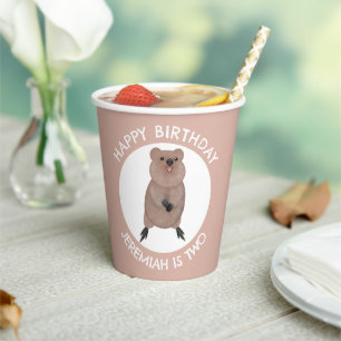 Happy cute quokka personalised cartoon birthday paper cups