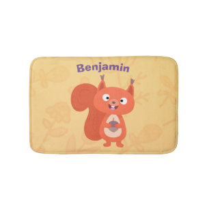Happy cute red squirrel cartoon illustration bath mat