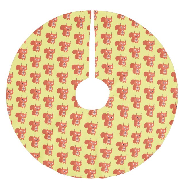 Happy cute red squirrel cartoon illustration brushed polyester tree skirt (Front)
