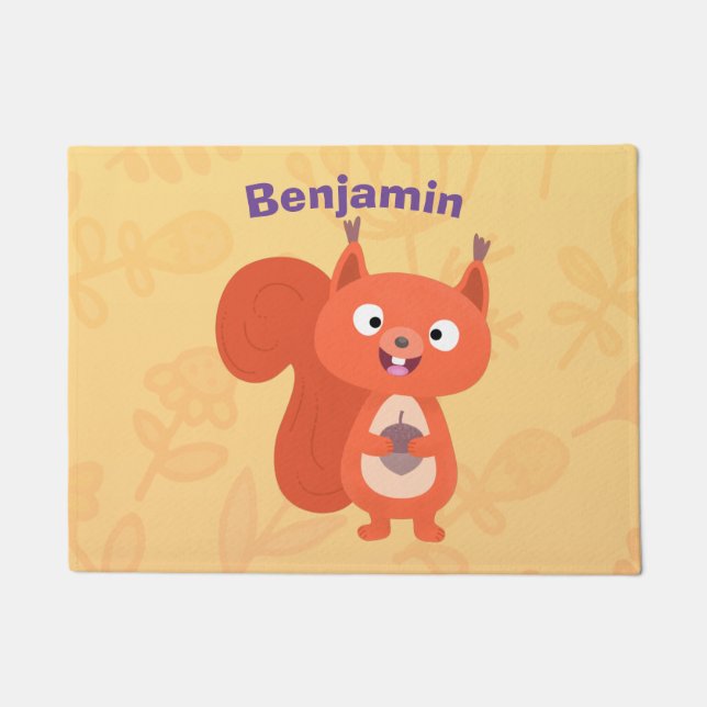 Happy cute red squirrel cartoon illustration doormat (Front)
