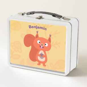 Happy cute red squirrel cartoon illustration metal lunch box