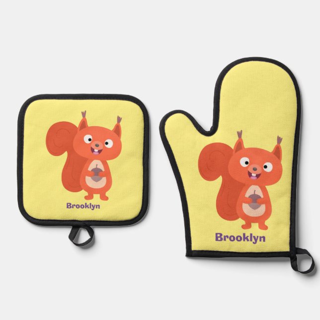 Happy cute red squirrel cartoon illustration oven mitt & pot holder set (Front)