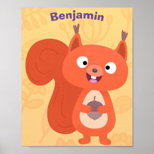 Happy cute red squirrel cartoon illustration poster
