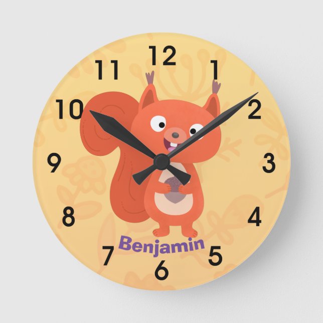 Happy cute red squirrel cartoon illustration round clock (Front)