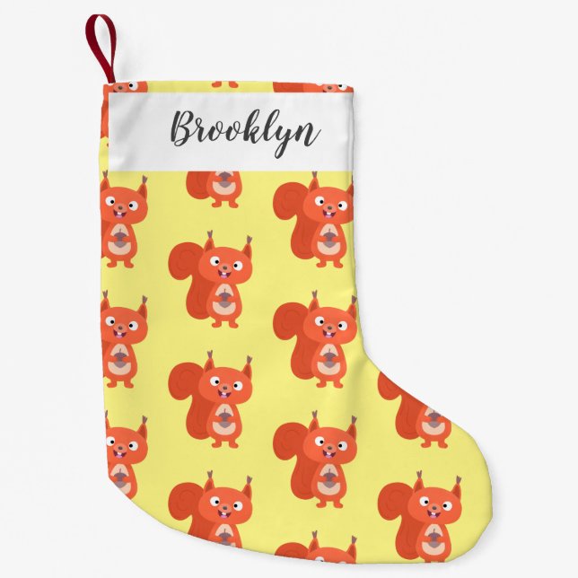 Happy cute red squirrel cartoon illustration small christmas stocking (Front)