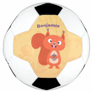 Happy cute red squirrel cartoon illustration soccer ball