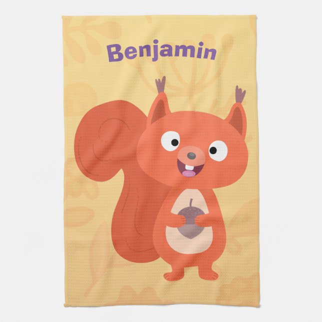 Happy cute red squirrel cartoon illustration tea towel (Vertical)
