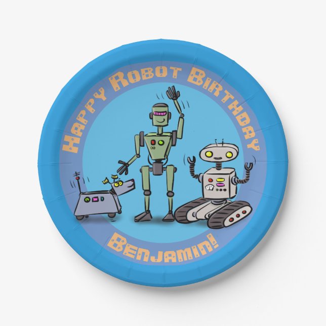 Happy cute robots cartoon birthday paper plate (Front)