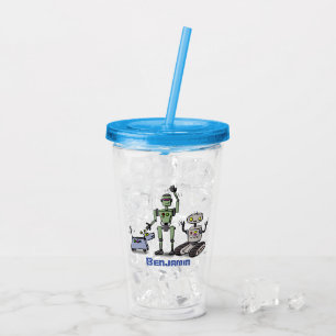 Happy cute robots trio cartoon acrylic tumbler