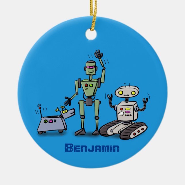 Happy cute robots trio cartoon ceramic tree decoration (Front)