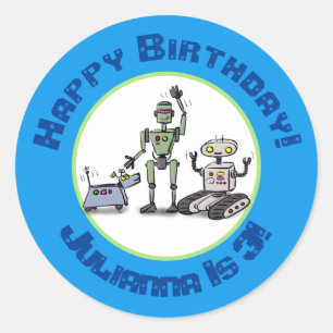 Happy cute robots trio cartoon classic round sticker