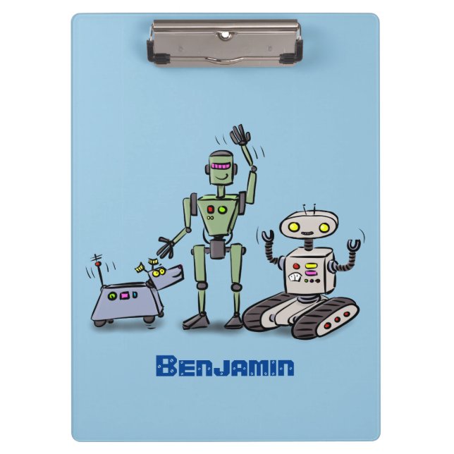Happy cute robots trio cartoon clipboard (Front)