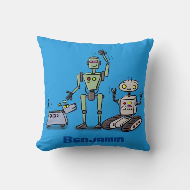 Happy cute robots trio cartoon cushion (Front)