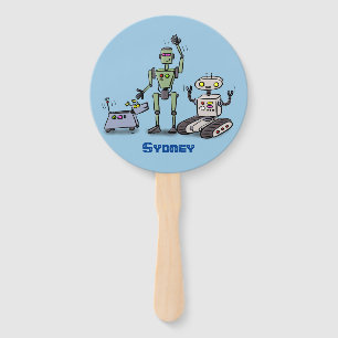 Happy cute robots trio cartoon hand fan