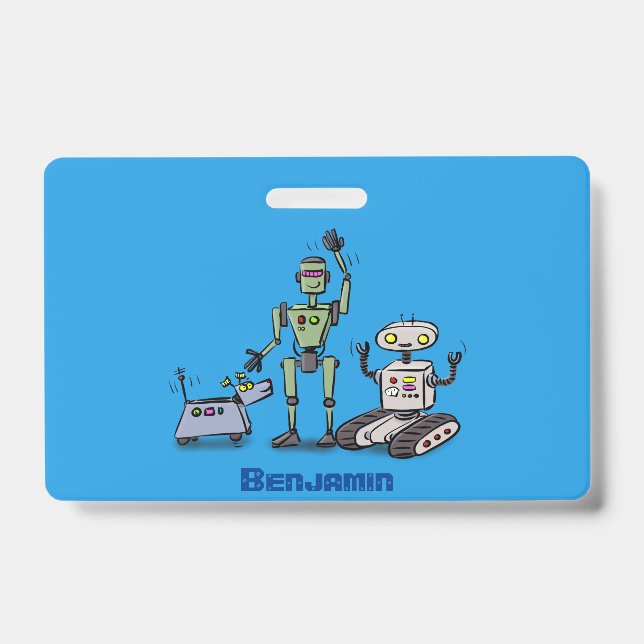 Happy cute robots trio cartoon ID badge (Front)