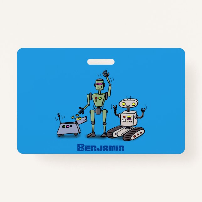 Happy cute robots trio cartoon ID badge (Front)
