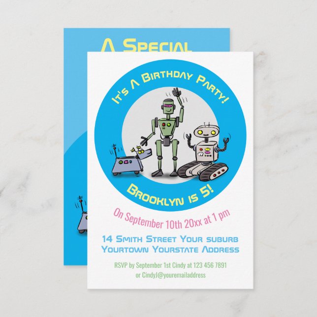 Happy cute robots trio cartoon invitation (Front/Back)