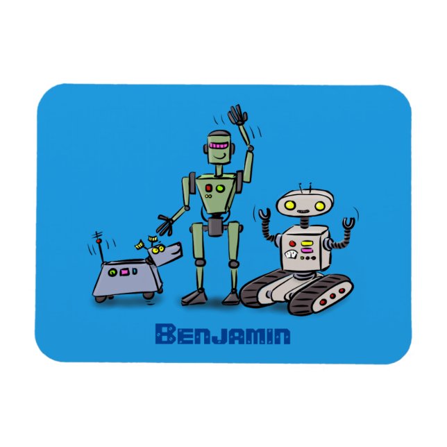 Happy cute robots trio cartoon magnet (Horizontal)