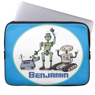 Happy cute robots trio cartoon on blue background laptop sleeve