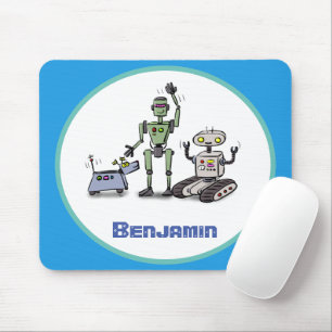 Happy cute robots trio cartoon on blue background mouse pad