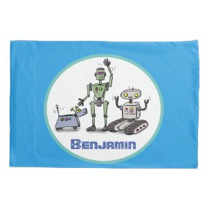 Happy cute robots trio cartoon on blue background pillowcase