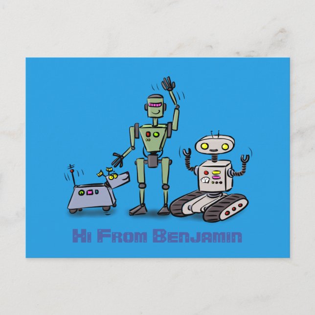 Happy cute robots trio cartoon on blue background postcard (Front)