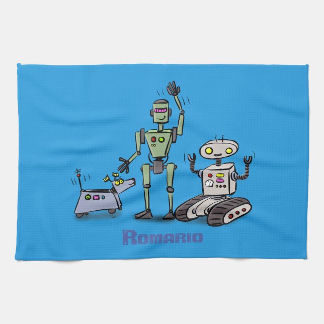 Happy cute robots trio cartoon on blue background tea towel (Horizontal)