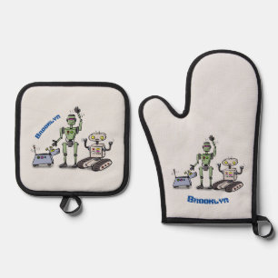 Happy cute robots trio cartoon oven mitt & pot holder set