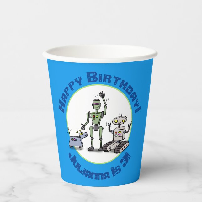 Happy cute robots trio cartoon paper cups (Front)