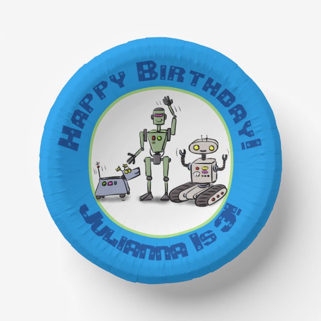Happy cute robots trio cartoon paper plate (Front)