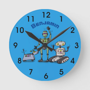 Happy cute robots trio cartoon round clock