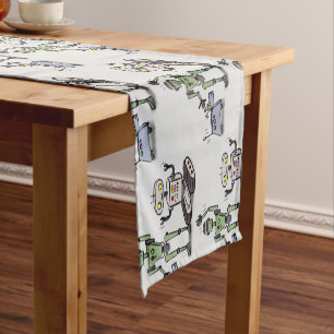 Happy cute robots trio cartoon short table runner
