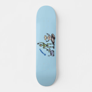 Happy cute robots trio cartoon skateboard