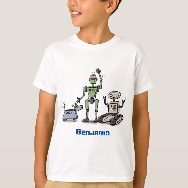 Happy cute robots trio cartoon T-Shirt (Front)