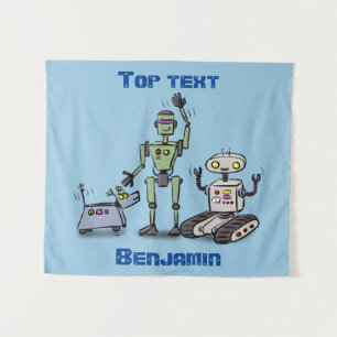 Happy cute robots trio cartoon tapestry